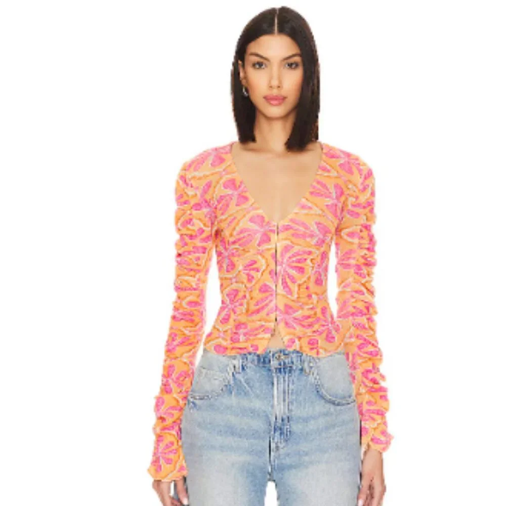 NWT Free People Through the Meadow Mesh Top Grapefruit Seltzer Size Large